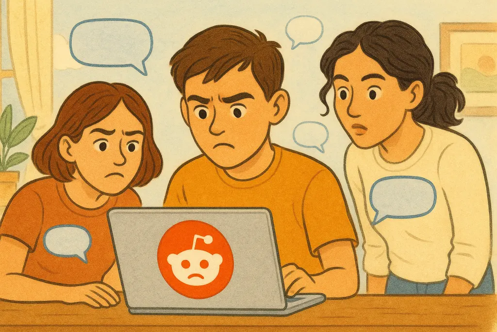 Reddit-style comment threads stacked on a screen, illustrating recurring user complaints about interface design.