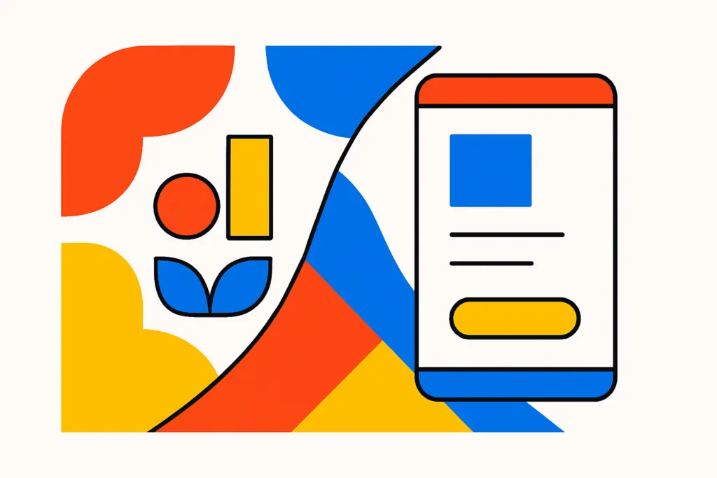 Flat illustration of a brand style guide resolving into live product interface components.