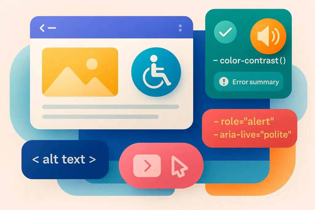 Flat illustration of accessibility controls — contrast, text size, and screen reader settings.
