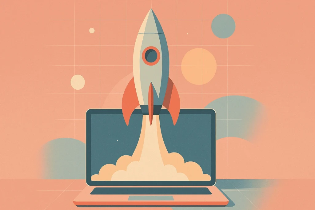 Illustration of a rocket launching out of a laptop screen, representing a product going from idea to first launch.