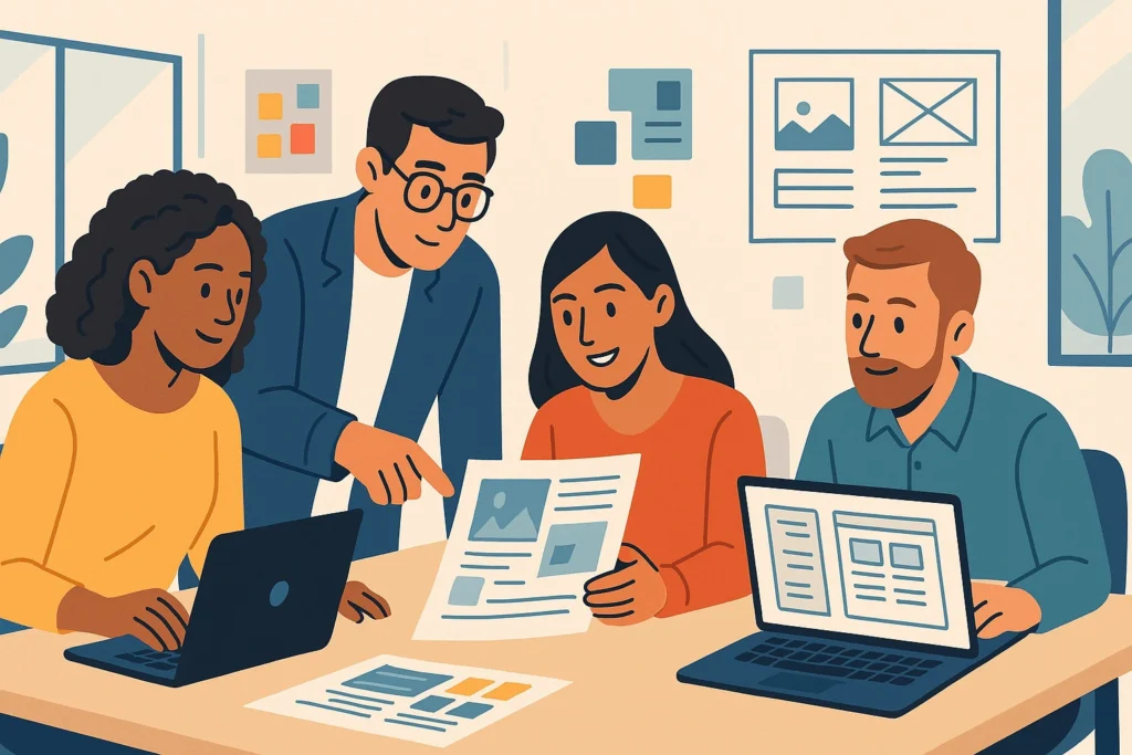 Illustration of a startup team reviewing agency portfolios together at a table.