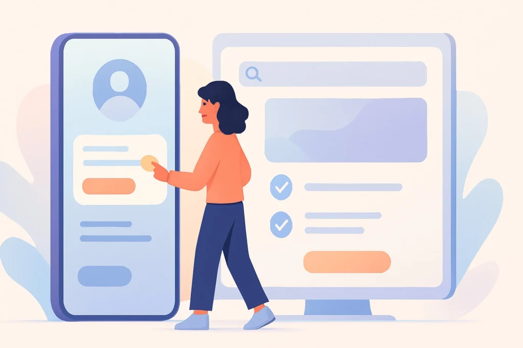 Illustration of a person interacting with mobile and web interface elements side by side.