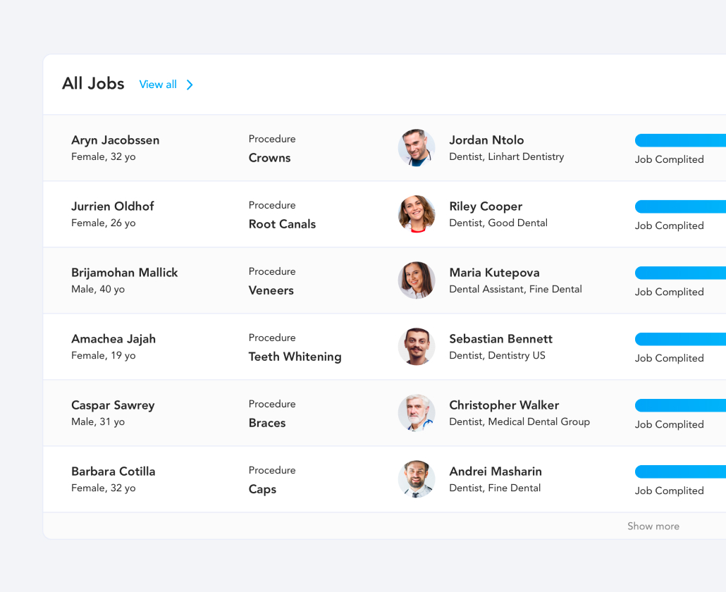 Care Suite web dashboard showing completed dental jobs