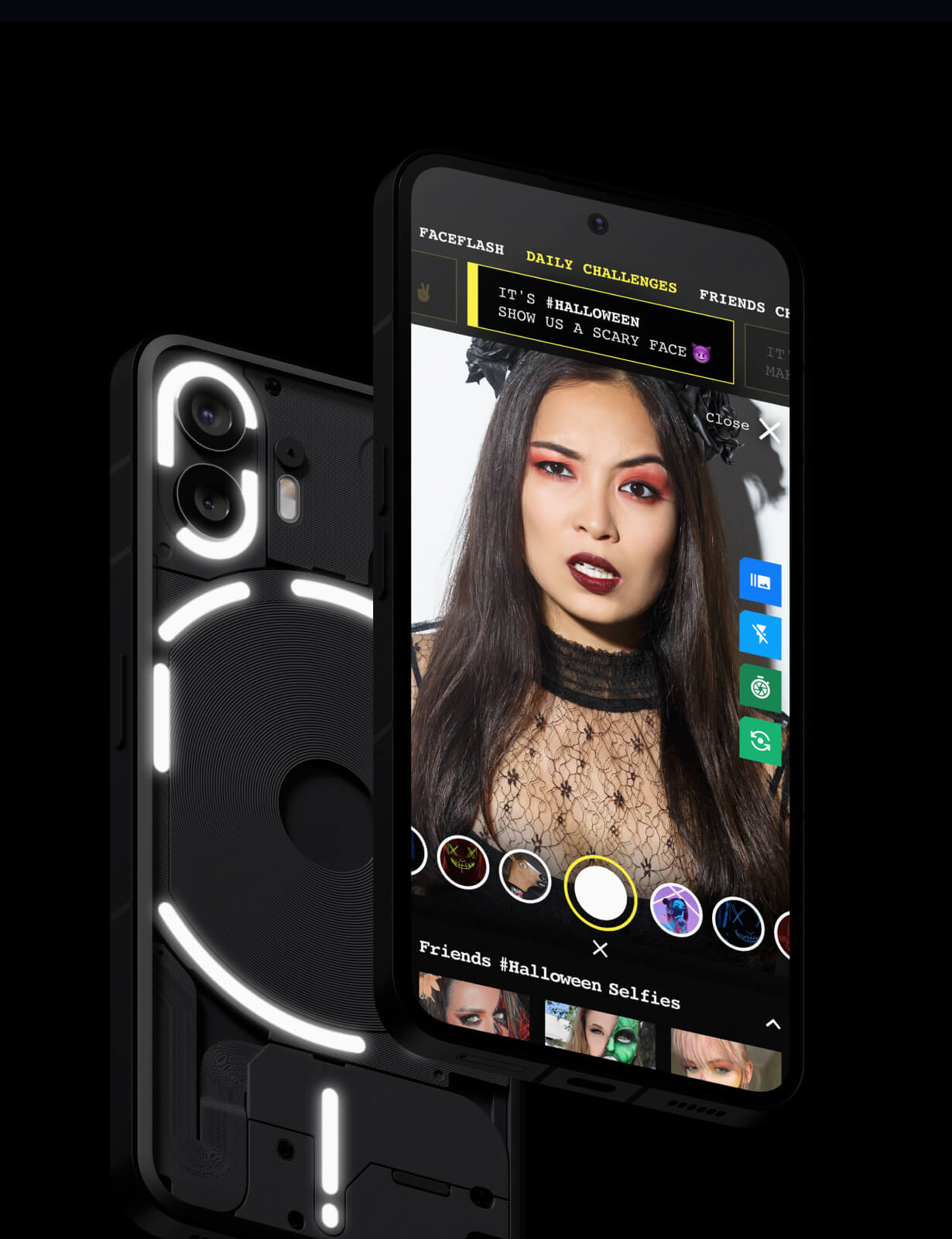 FaceFlash mobile app screens showing a Halloween challenge feed with colorful sticker reactions.