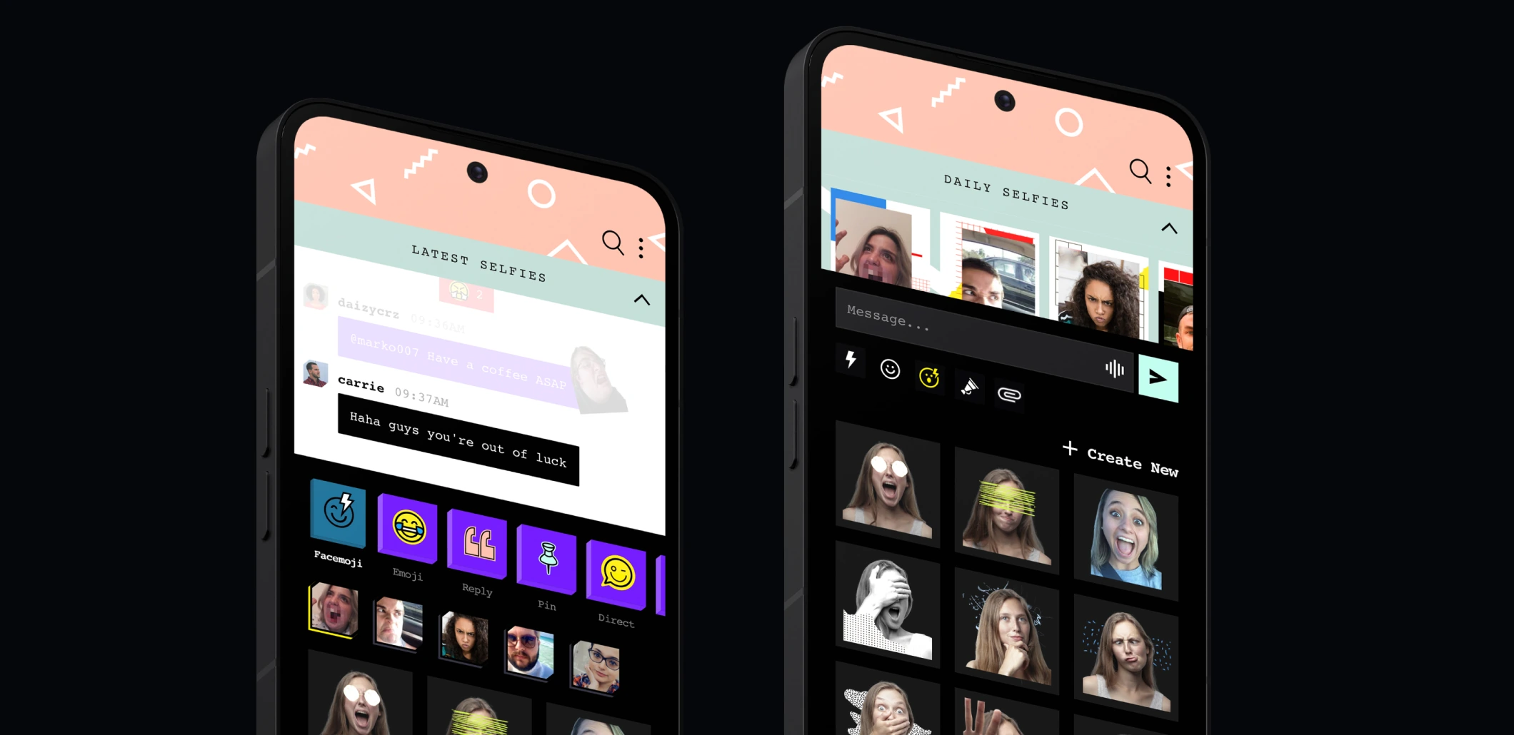 Two FaceFlash mobile screens showing a selfie feed, messages, and reaction tools.