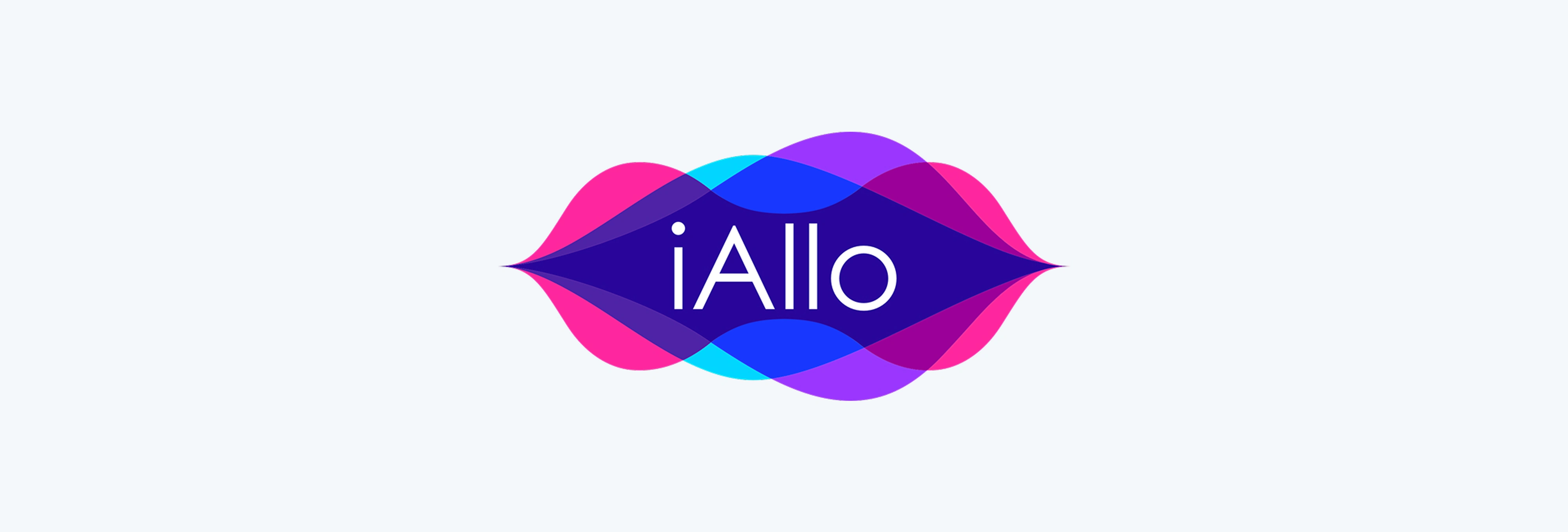 iAllo logo with a modern wave-shaped mark in purple, blue, and pink gradients, representing a voice and messaging-based app.