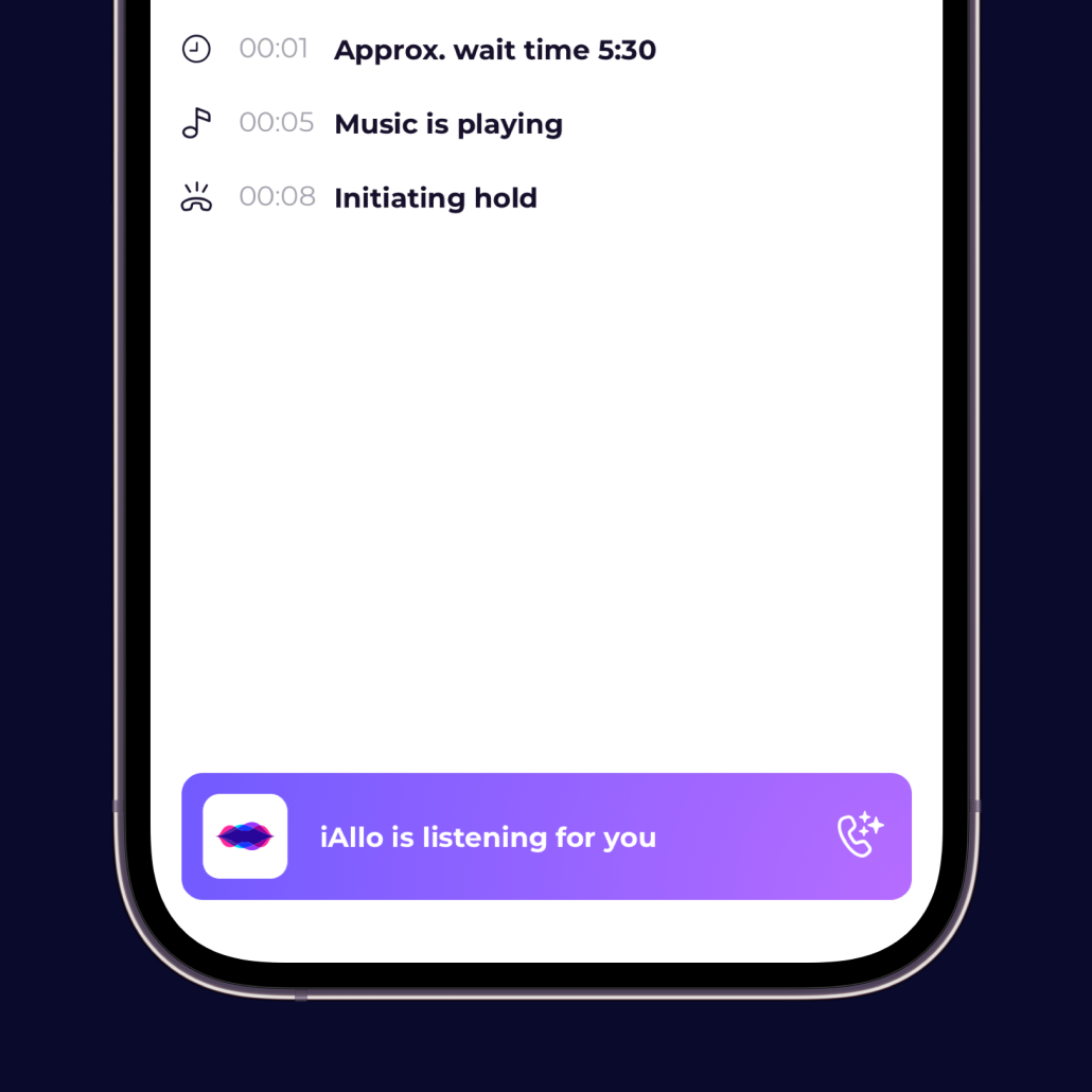 iAllo mobile interface showing a call on hold with live assistant status.