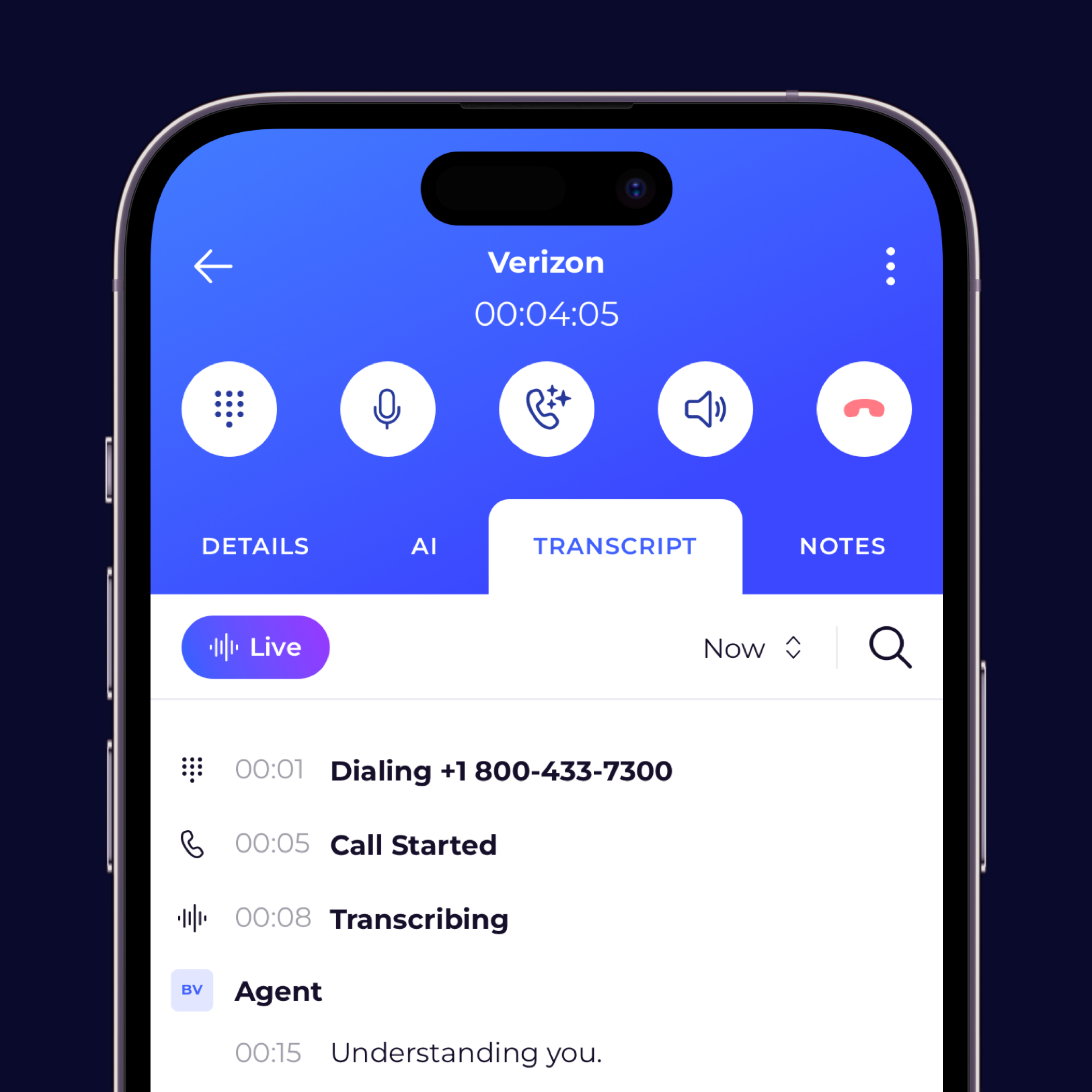 iAllo mobile call transcript for a Verizon call.