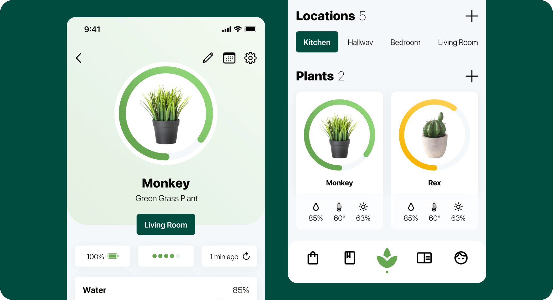 Krado plant care dashboard showing a plant profile beside locations and plant health overview.