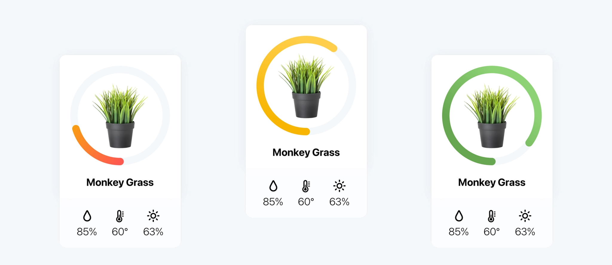 Krado plant care status cards showing moisture, temperature, and sunlight.