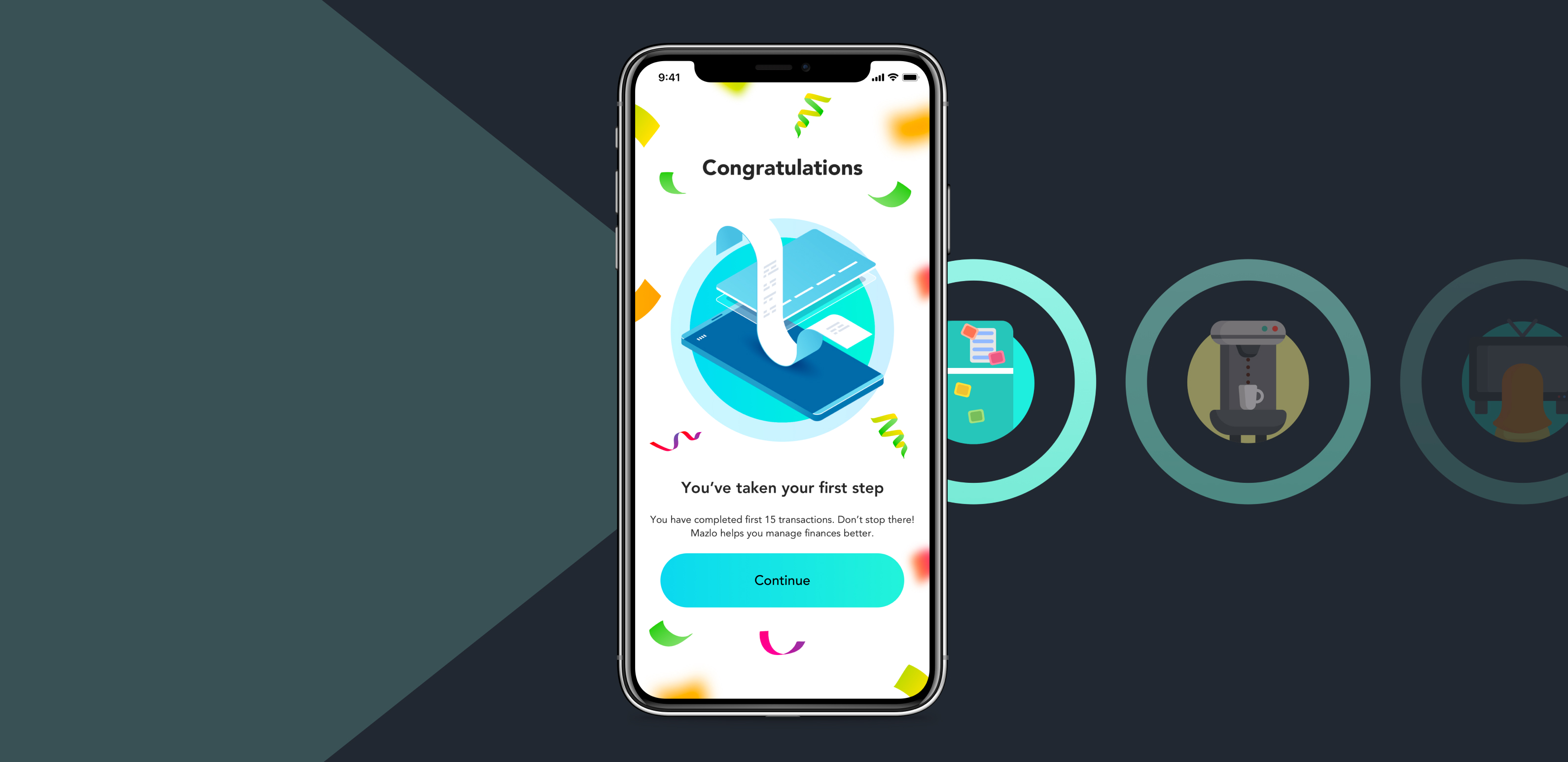 Mazlo mobile app celebrating a user’s first financial milestone with a congratulatory screen.