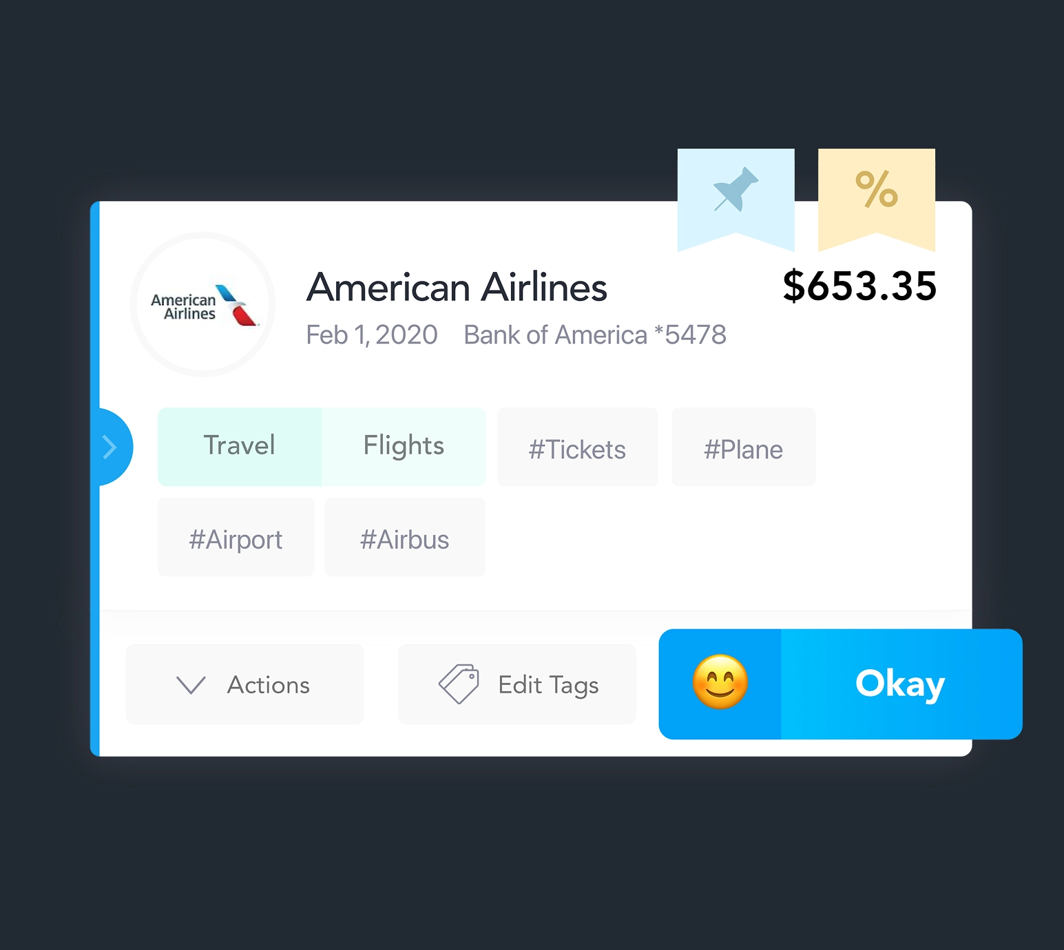 Mazlo transaction detail screen with spending tags and quick actions.