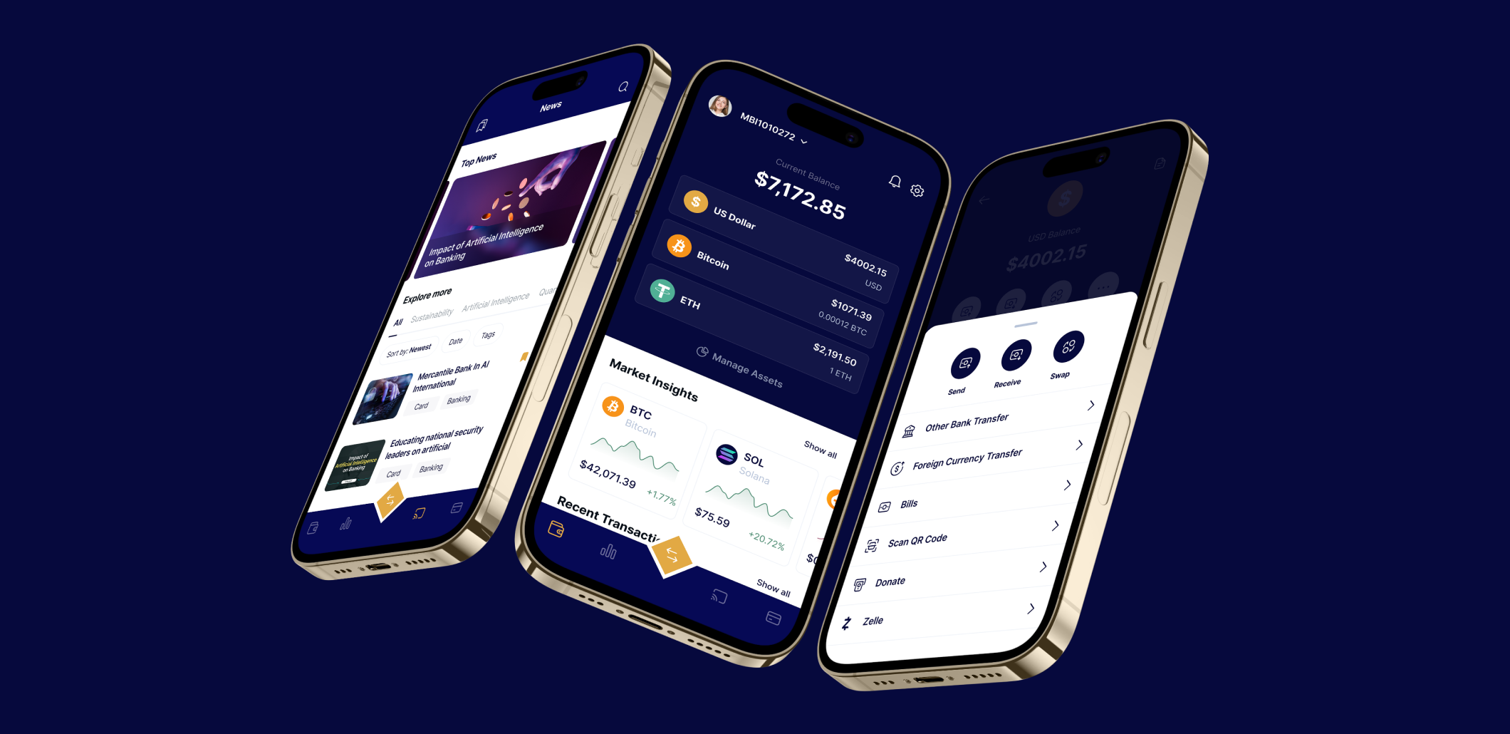 Three Mercantile mobile app screens showing news, account balances, and transfer options.