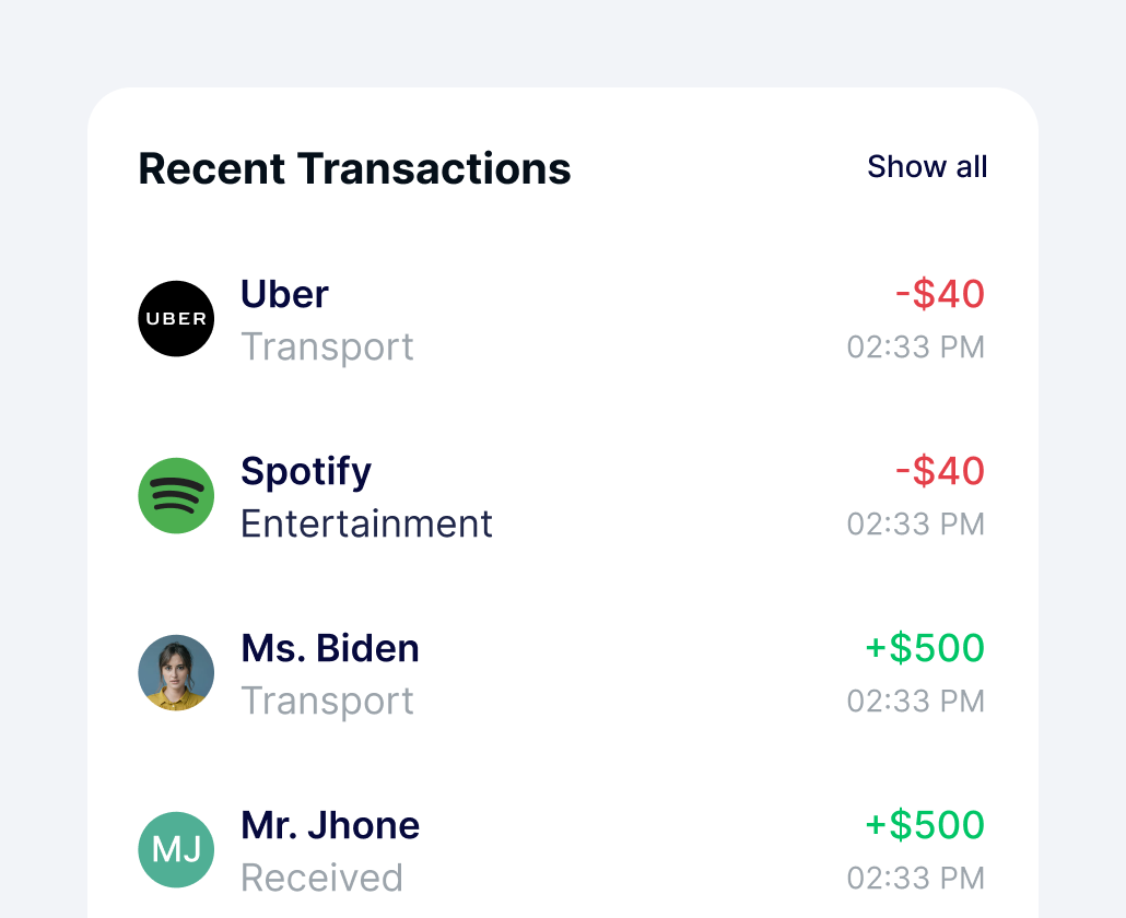 Mercantile mobile app recent transactions screen.
