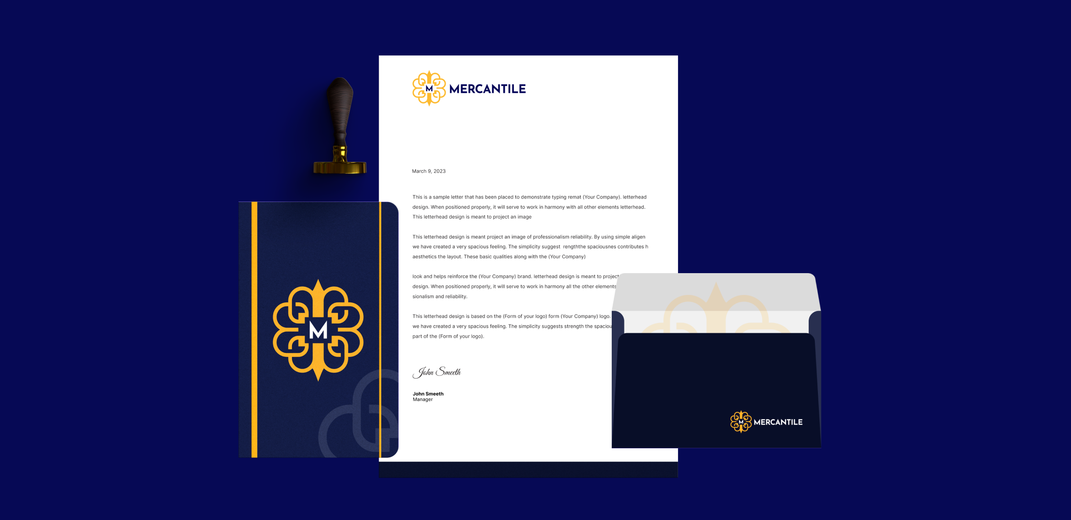 Mercantile stationery system with letterhead, envelope, notebook, and wax seal.