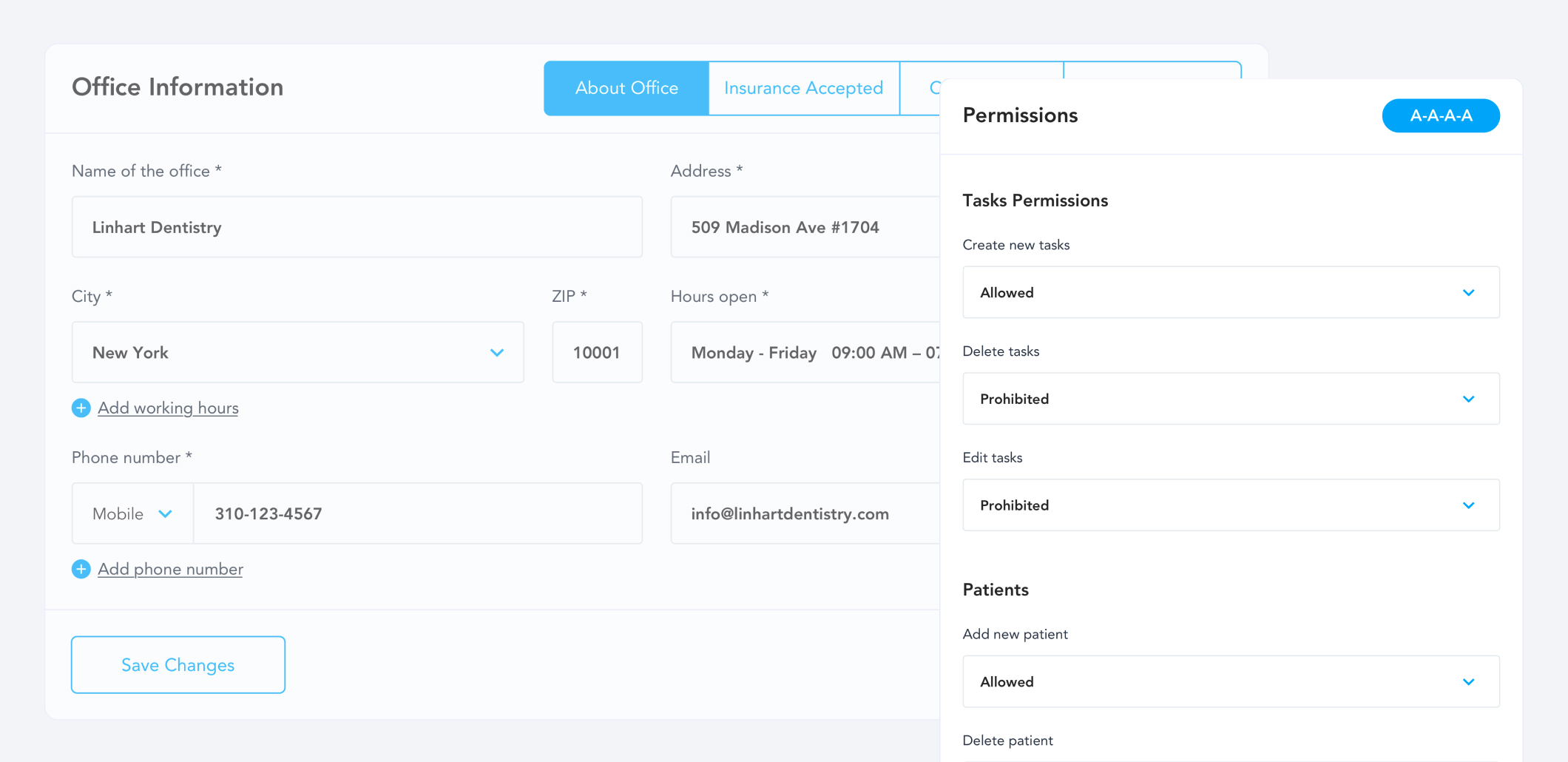 ReferHub office information and permissions interface.