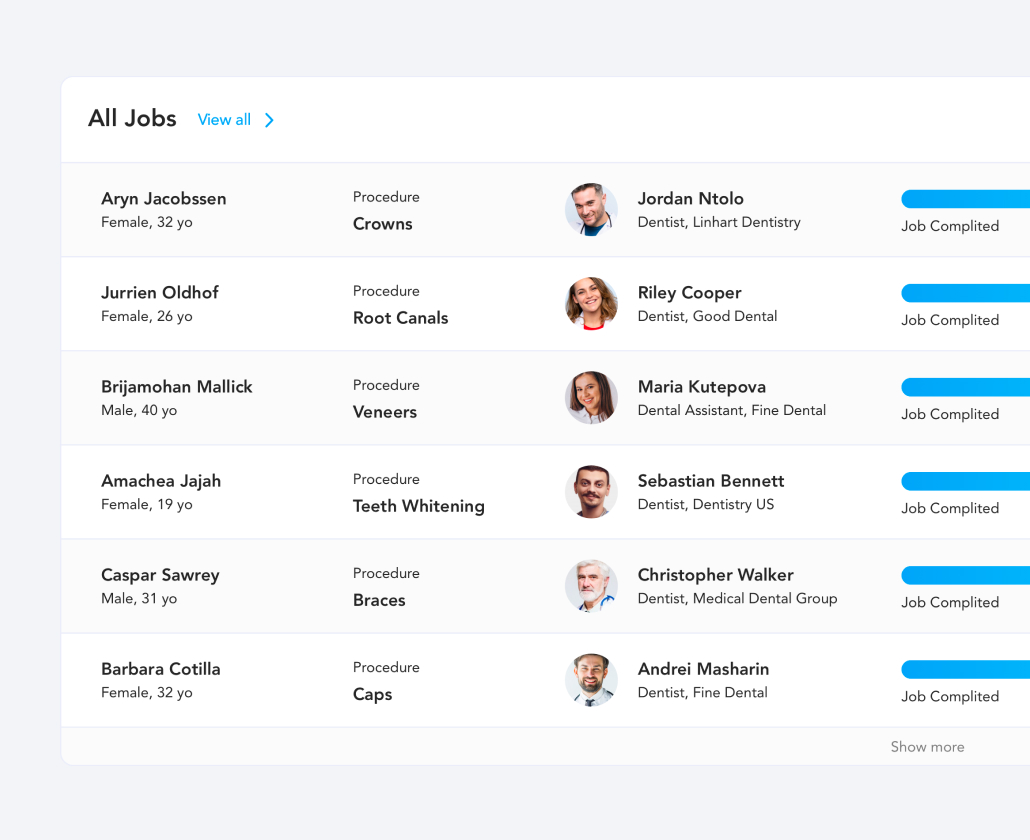 ReferHub list of dentists dashboard interface.