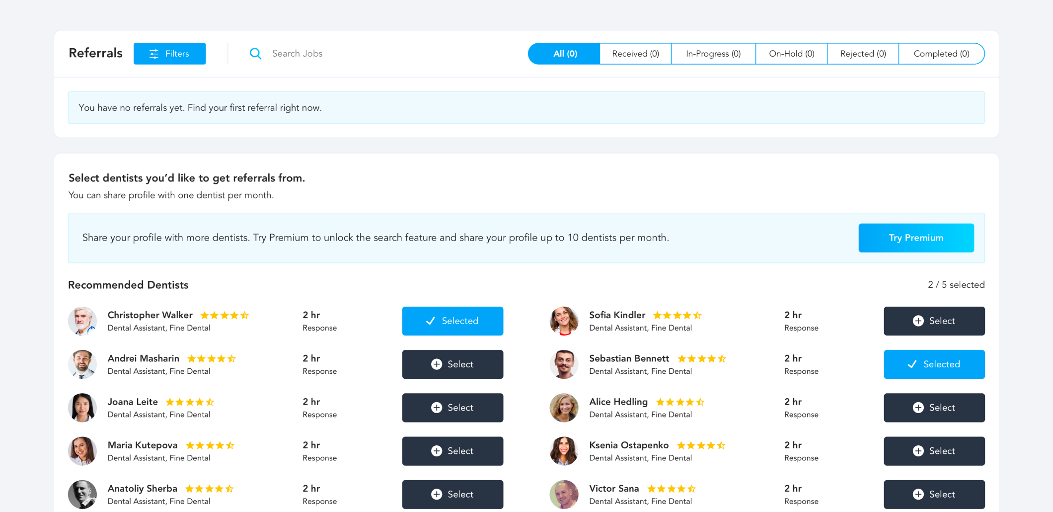 ReferHub referrals interface with progress tracking.