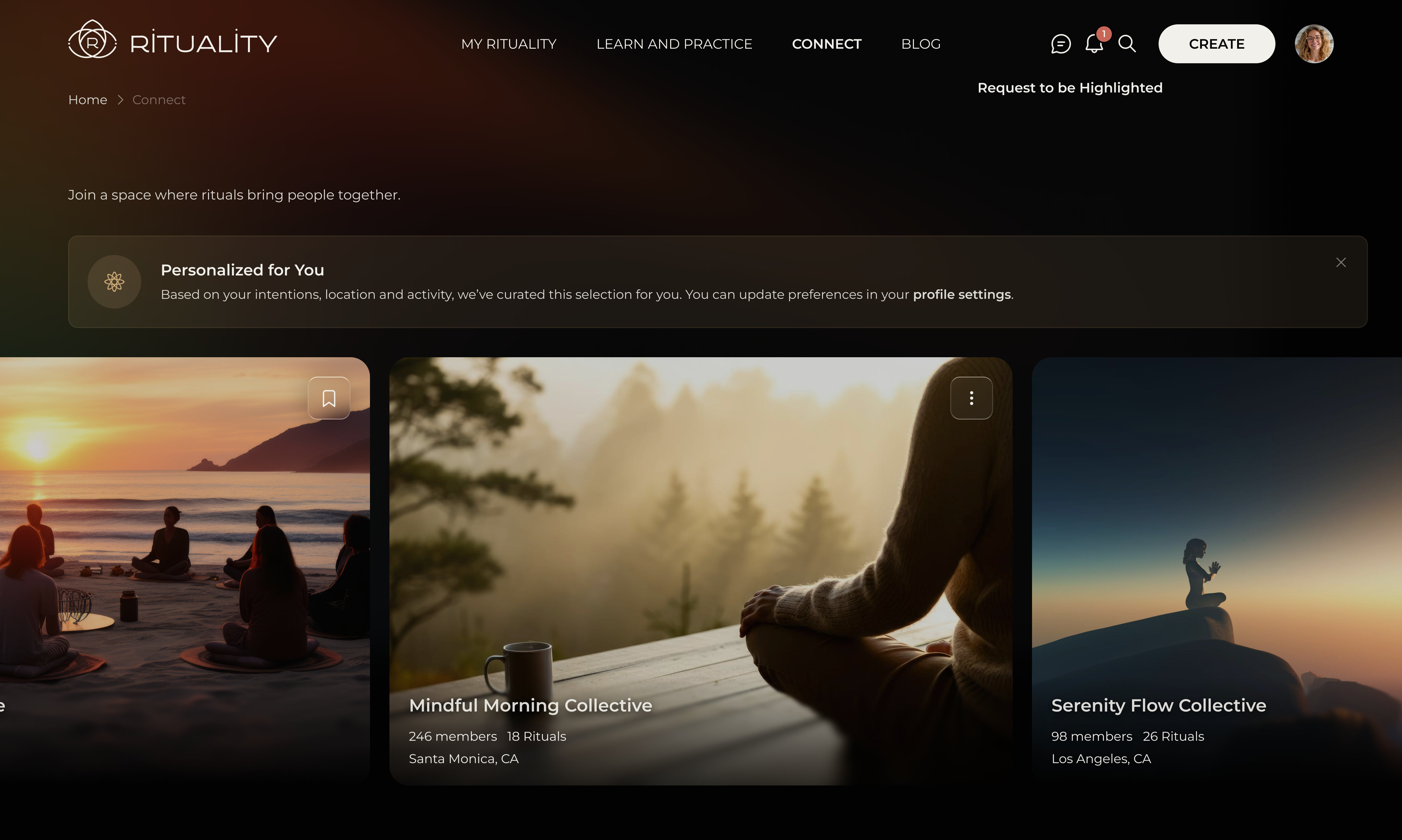 Rituality Connect community page with personalized wellness groups and collective ritual experiences.