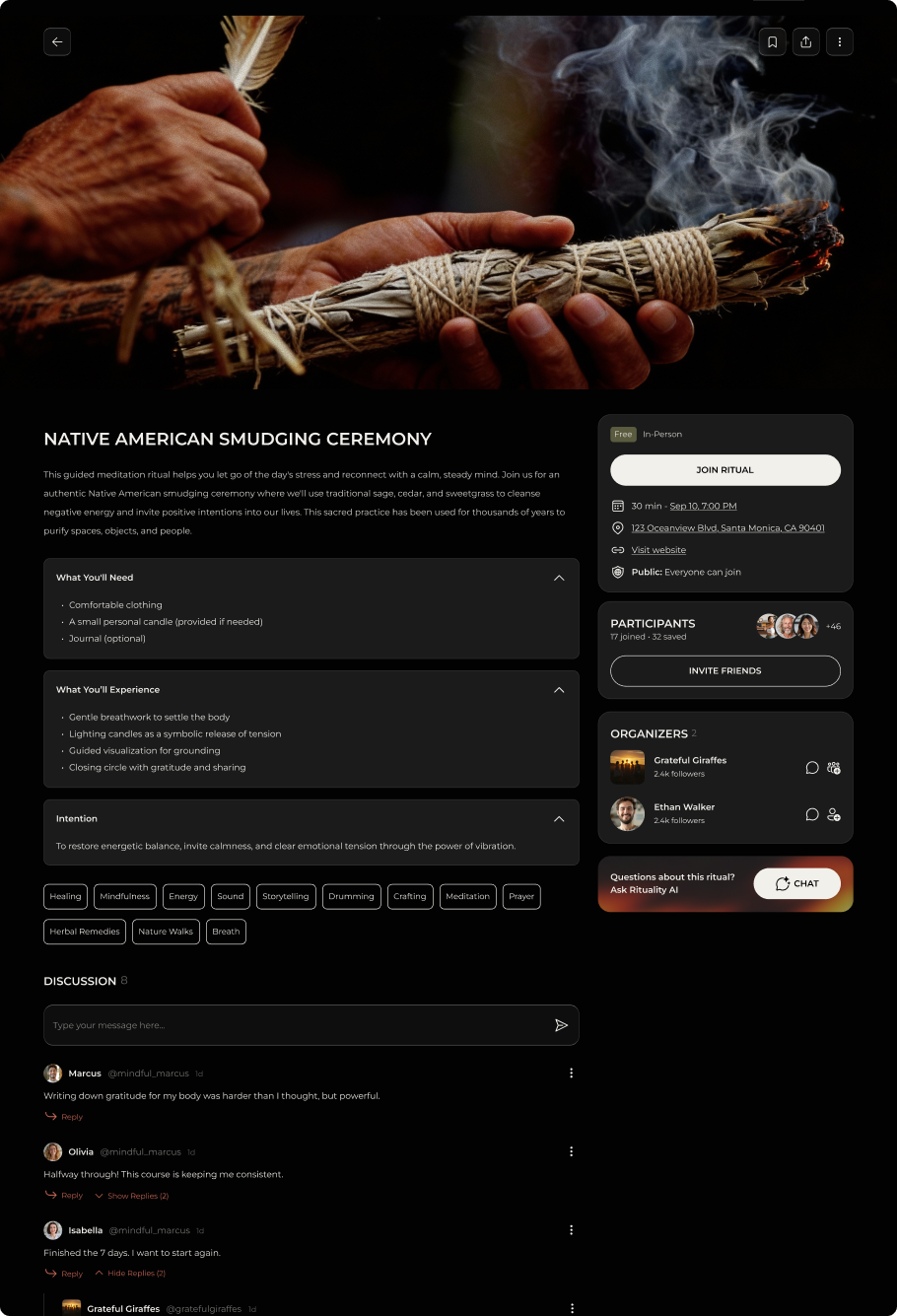 Rituality web platform screen for joining a guided smudging ceremony.