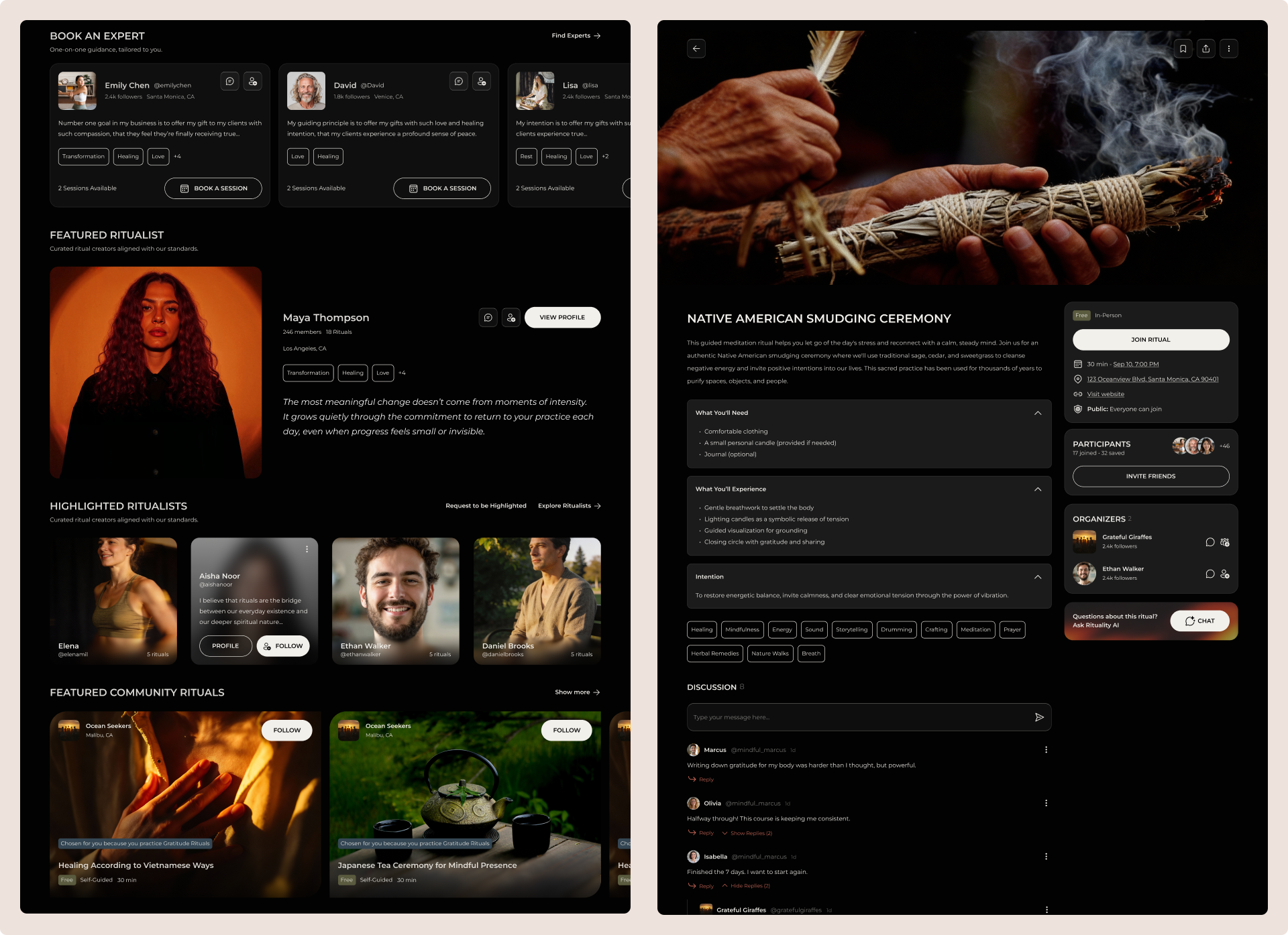 Rituality web platform screens for booking wellness experts and joining a guided smudging ceremony.