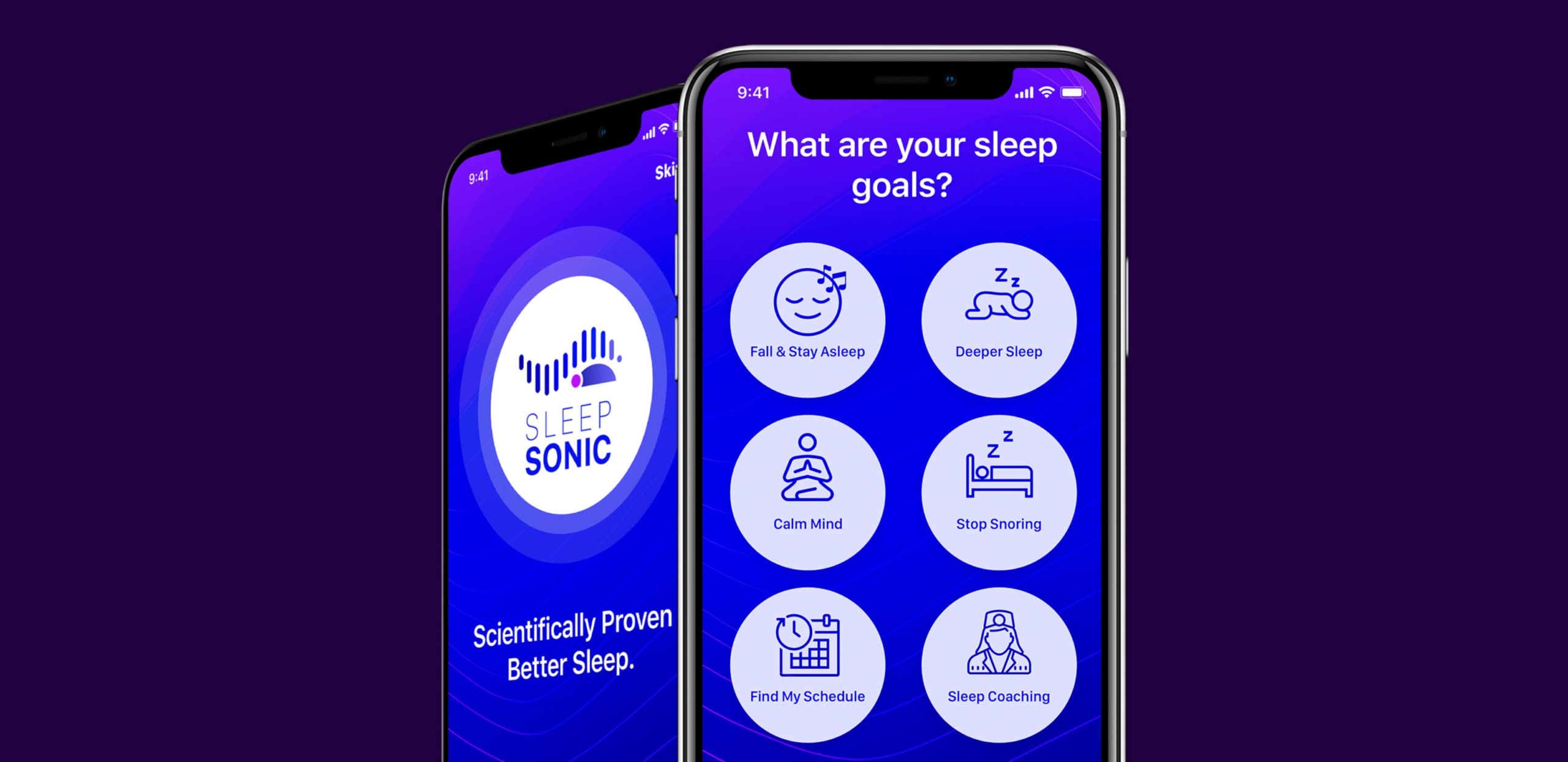 Sleep Sonic mobile app showing its welcome screen and sleep goal selection.