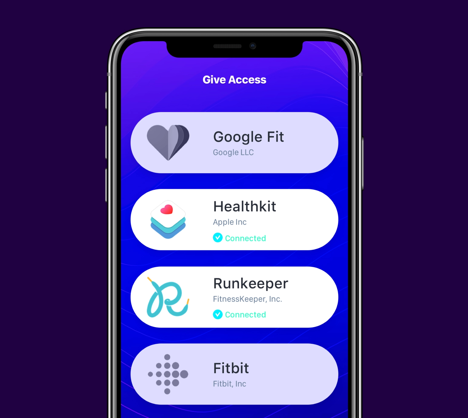 Sleep Sonic integration screen for Google Fit, Apple Health, Runkeeper, and Fitbit.