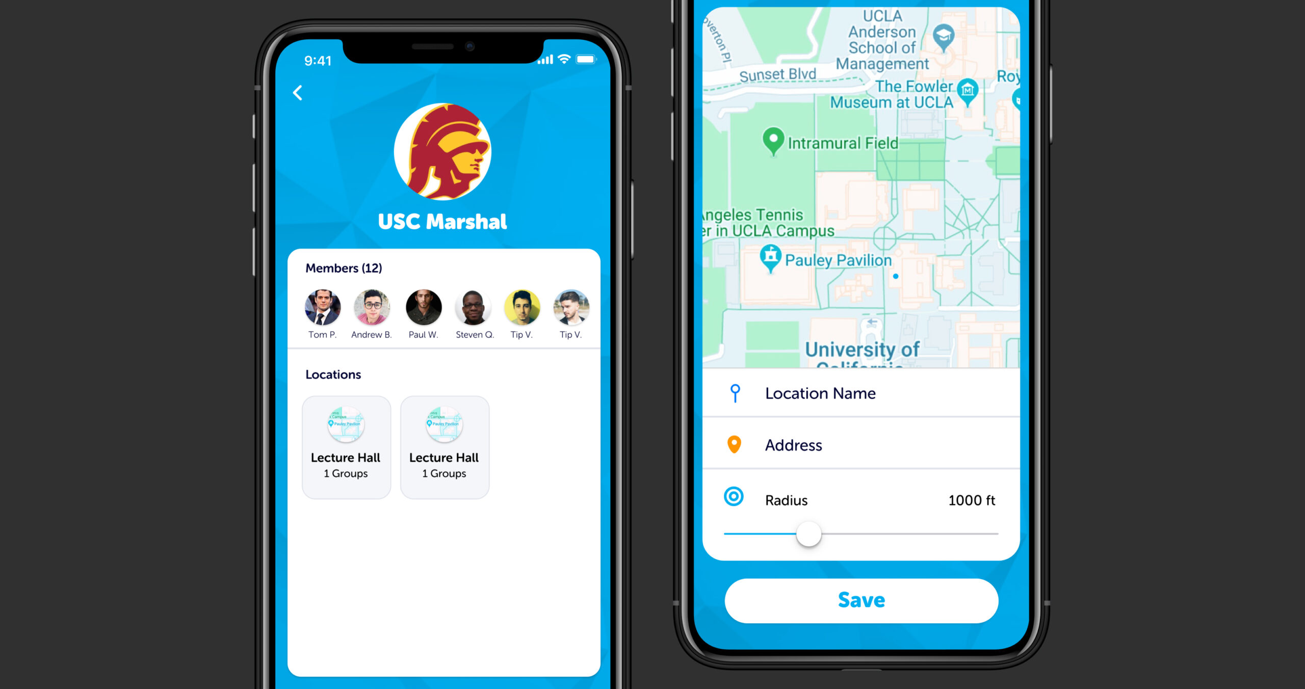 Tape app showing campus groups, map controls, and location-based social settings.