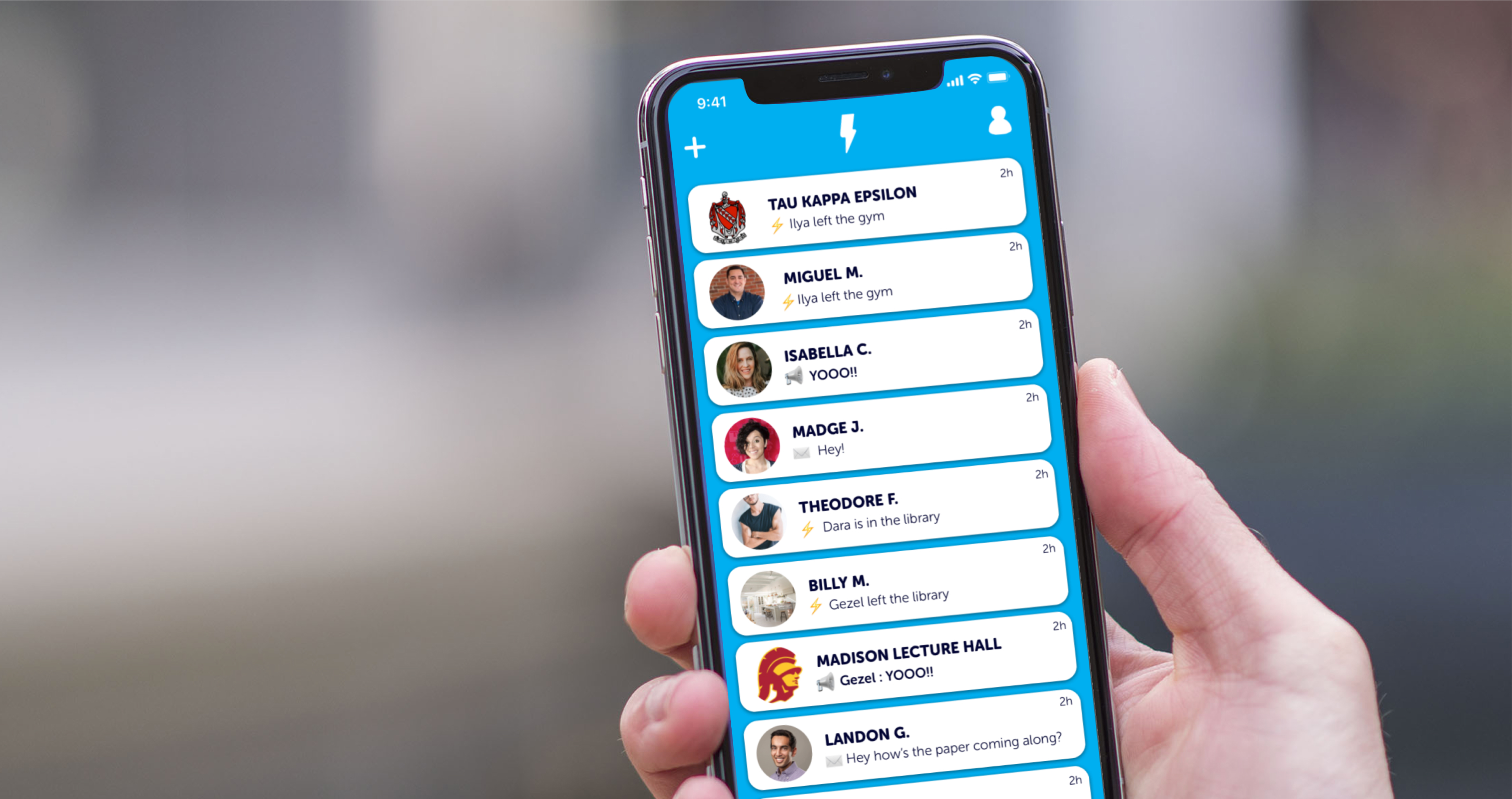 Tape mobile app screens showing a campus map with nearby users and a group chat interface.