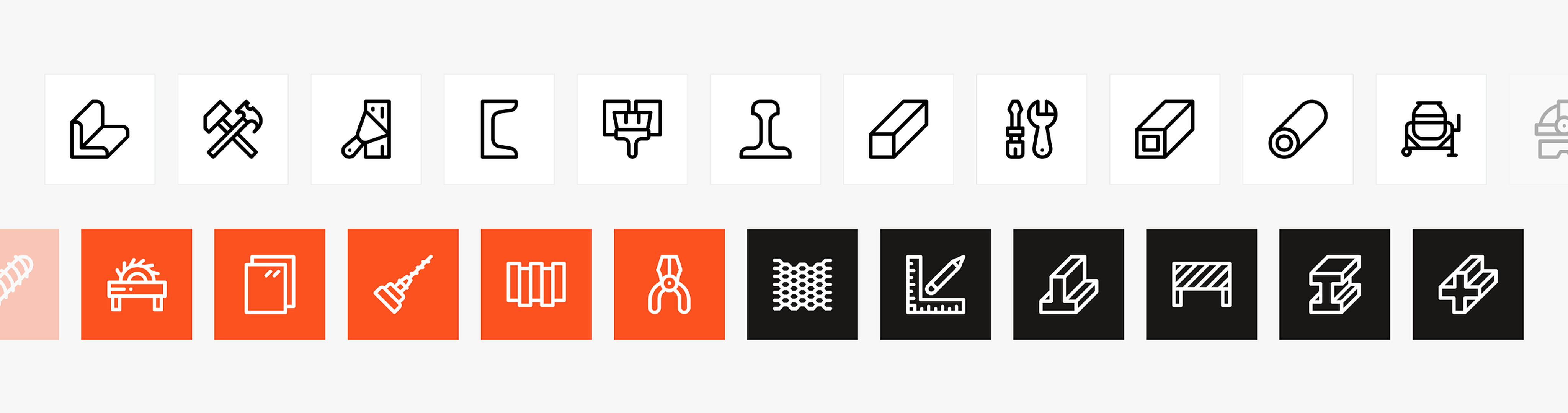 Construction and tool interface icons in black, white and orange.