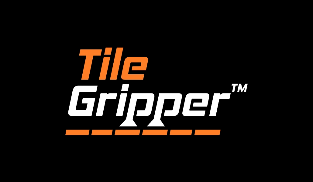 Orange and white Tile Gripper logo on a black background.