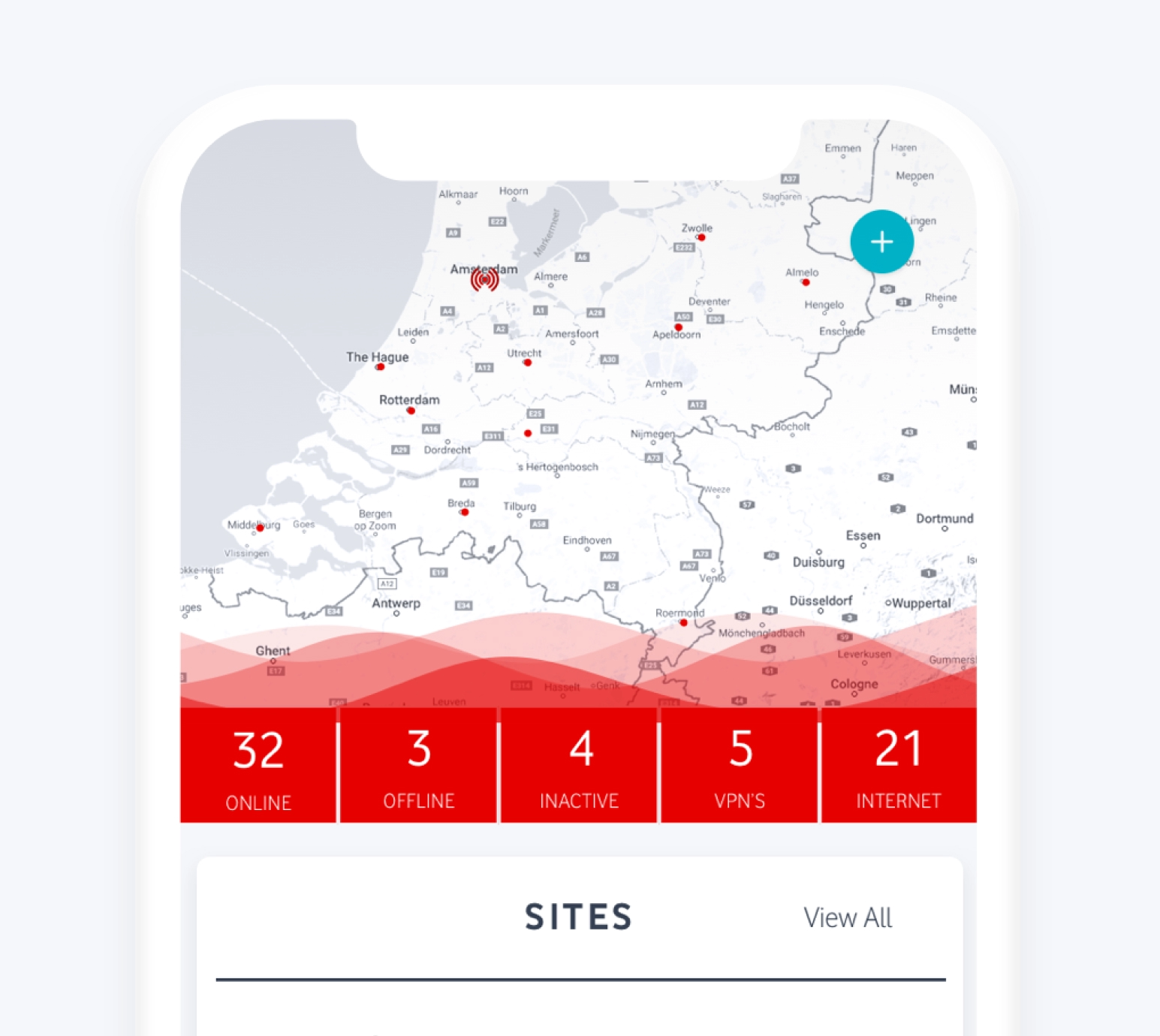 Vodafone location dashboard showing network status and site information.